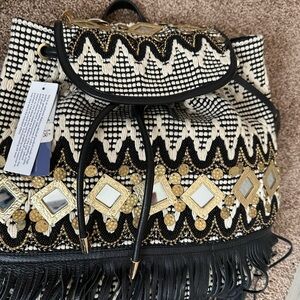 Rebecca Minkoff Julian Fringe Bronze Mirror Art Leather Backpack, Super Boho,